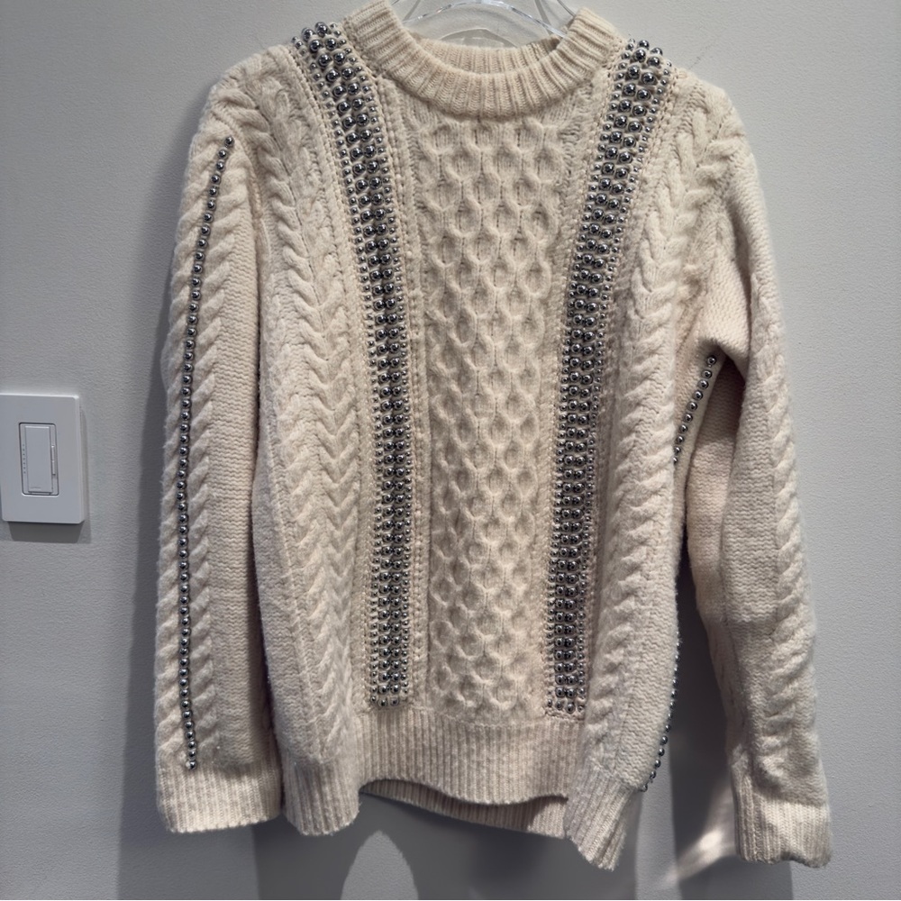 Alexander Wang Cream Embellished Cable Knit 100% Lambswool Sweater Size Small TP